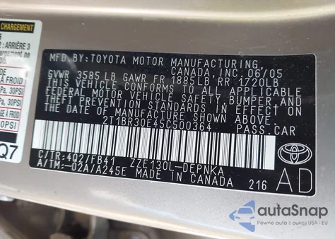 2005 Toyota Corolla Le из США, поврежденный, VIN 2T1BR30E45C500364